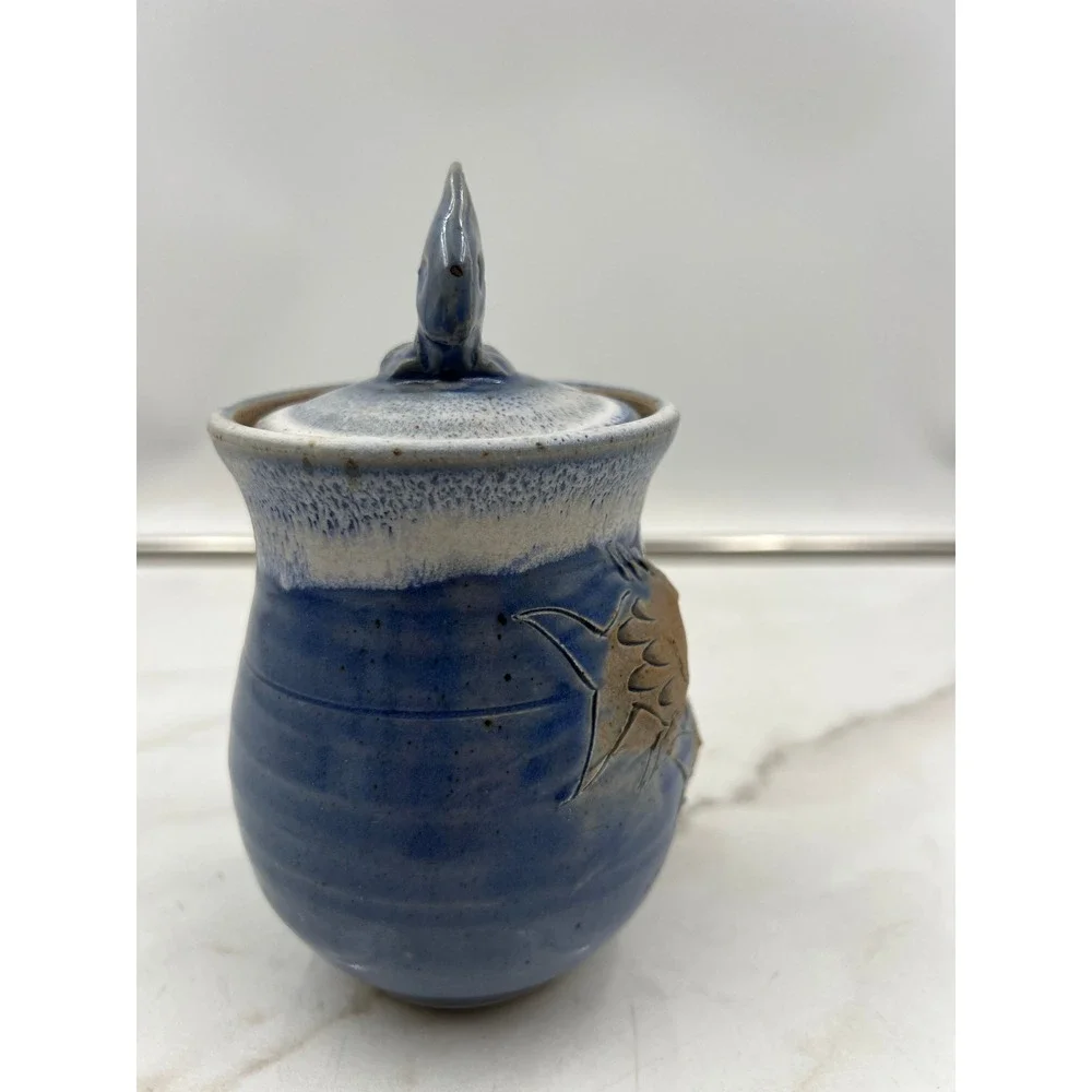 Studio Pottery Fish Canister Blue Glazed Stoneware Nautical Jar with Lid